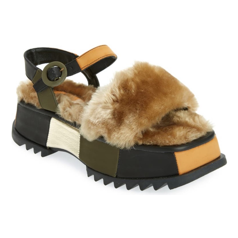 Farm Rio Khaki Patchwork Faux Fur Platform Sandal - Picture 5 of 12